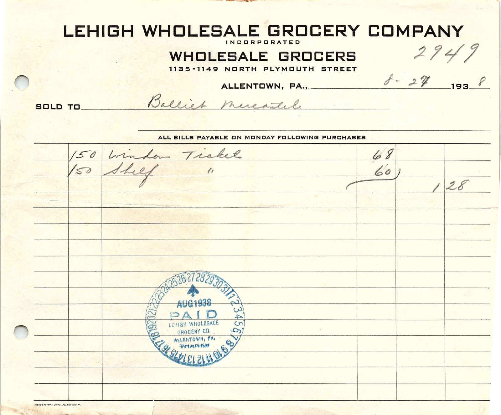 1938 Lehigh Wholesale Grocers Allentown PA Billhead 1938 Lehigh Wholesale Grocers Allentown PA Billhead