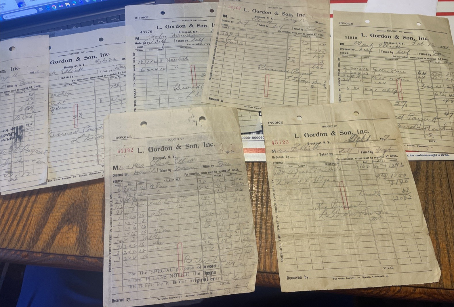 Vintage 1920s Invoices Lot of 6 L. Gordon & Son Brockport NY Paper Ephemera