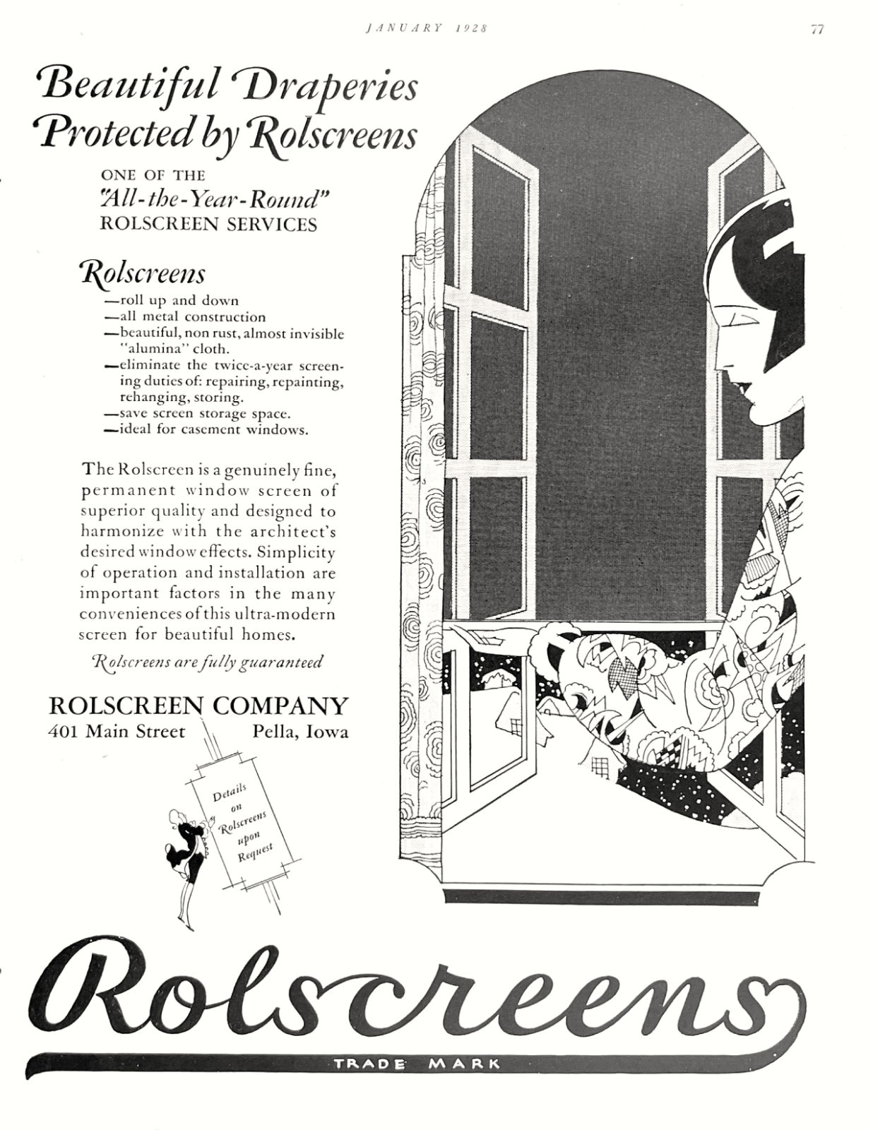Rolscreen Co Pella Iowa Window Screens Art Deco Graphics Vtg 1928 Mag Print Ad Rolscreen Co Pella Iowa Window Screens Art Deco Graphics Vtg 1928 Mag Print Ad