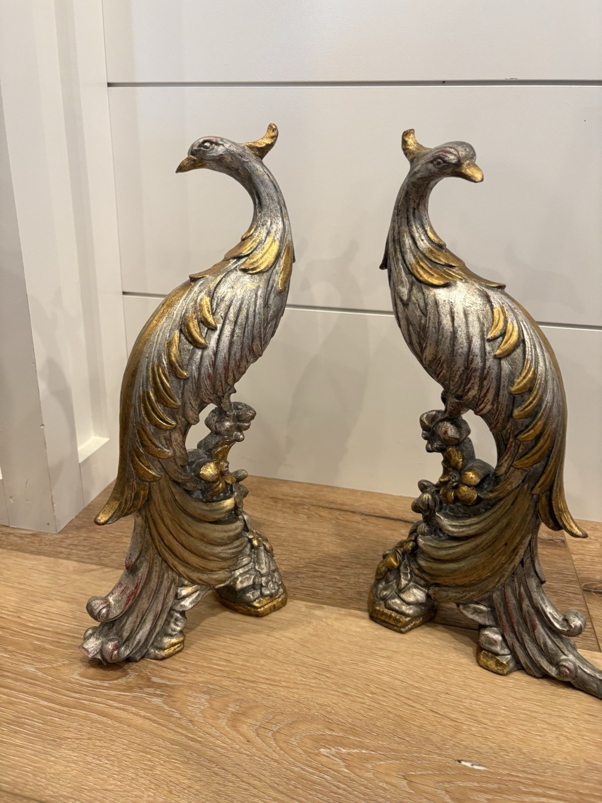 Vintage Mid-Century Syroco Gold&Silver Peacock Statues - Hollywood Regency -Pair Vintage Mid-Century Syroco Gold&Silver Peacock Statues - Hollywood Regency -Pair