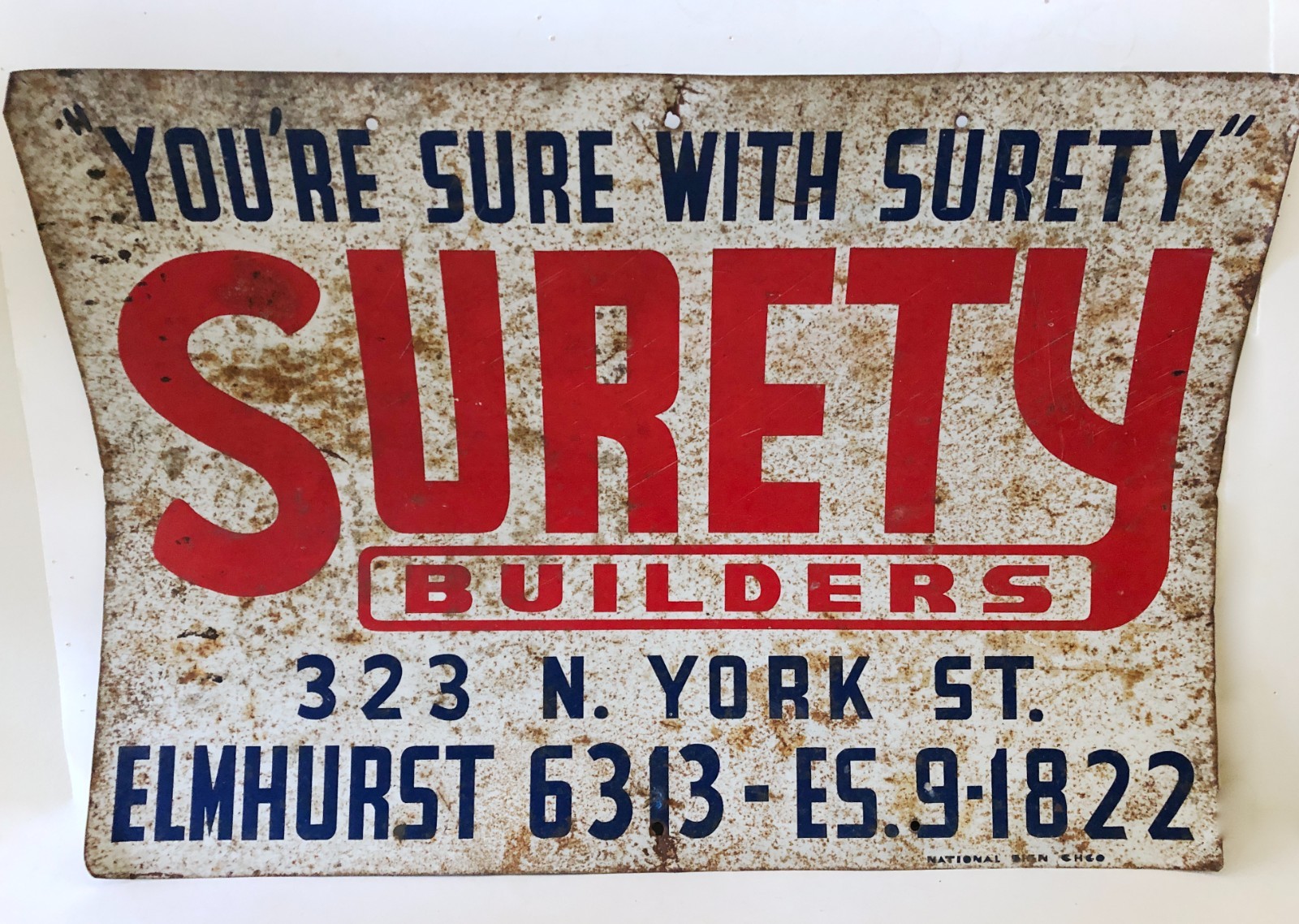 Vintage 1940\'s-50\'s Surety Builders Metal Advertising Sign Elmhurst IL