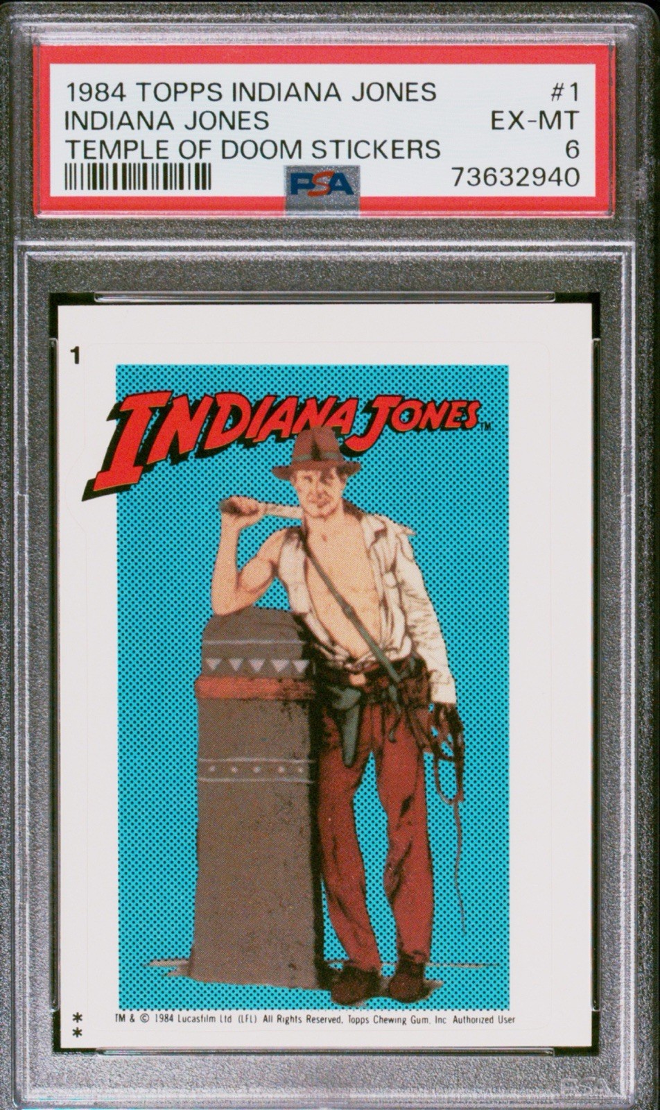 1984 Topps Indiana Jones Temple of Doom Sticker Card #1 PSA 6 1984 Topps Indiana Jones Temple of Doom Sticker Card #1 PSA 6