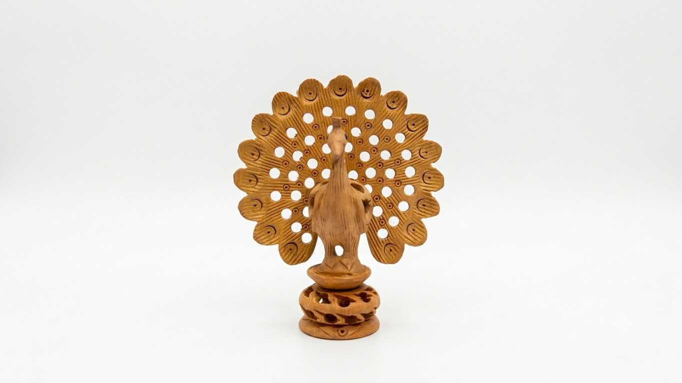 Handcrafted Wooden Peacock Showpiece with Undercut Work