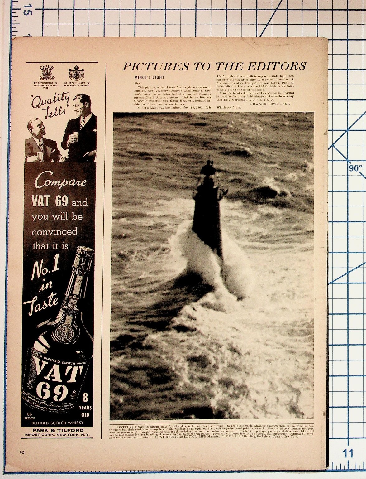 1938 Minot\'s Light Storm Photo & VAT 69 Scotch Whisky Magazine Ad Page