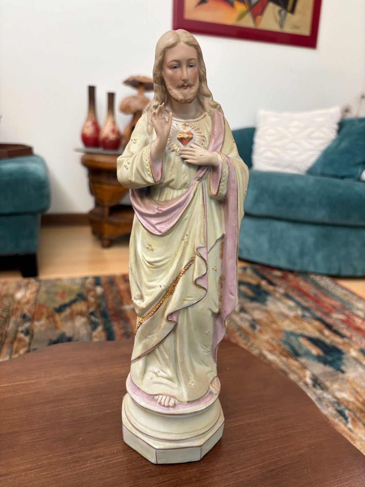 Vintage Hand Painted Porcelain Most Sacred Heart of Jesus Statue Religious Decor Vintage Hand Painted Porcelain Most Sacred Heart of Jesus Statue Religious Decor