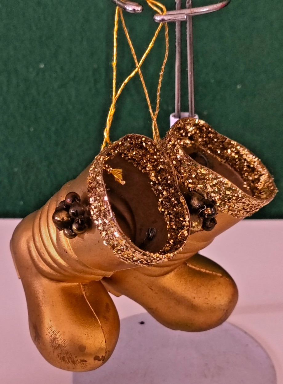 Two Vintage Christmas Tree Ornaments, Japan, Gold Boots Two Vintage Christmas Tree Ornaments, Japan, Gold Boots