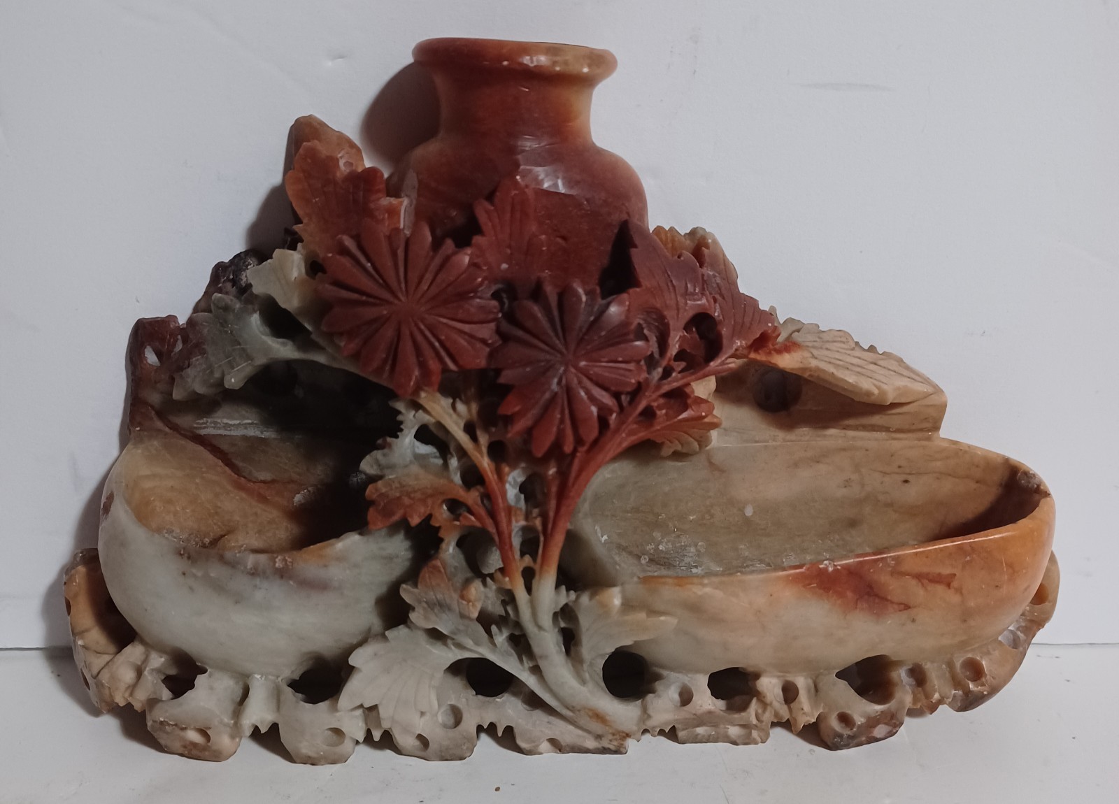 Antique Handcarved Chinese Soapstone Sculptured Spill Vases With Flowers Foliage