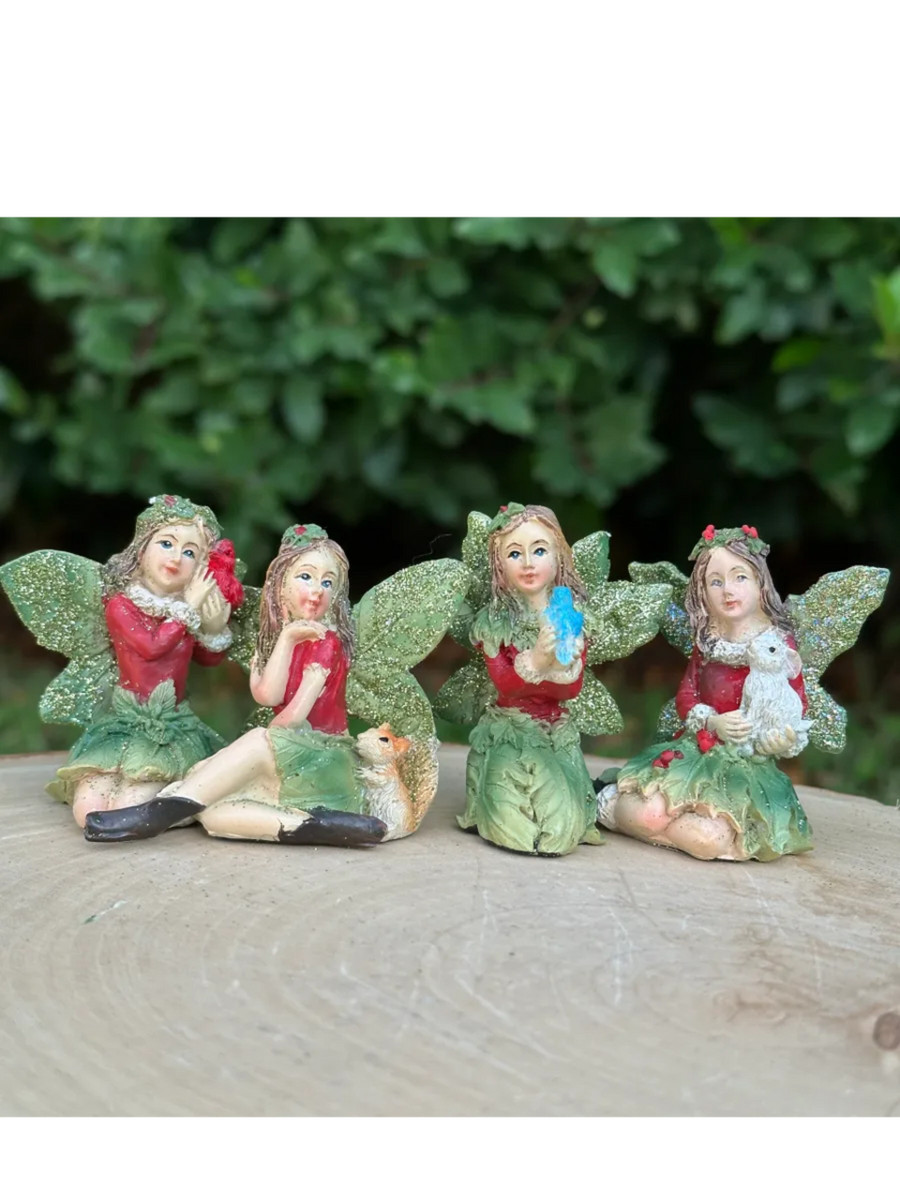 Miniature Four Piece Set Holiday Fairies with Sparkling Glitter Wings