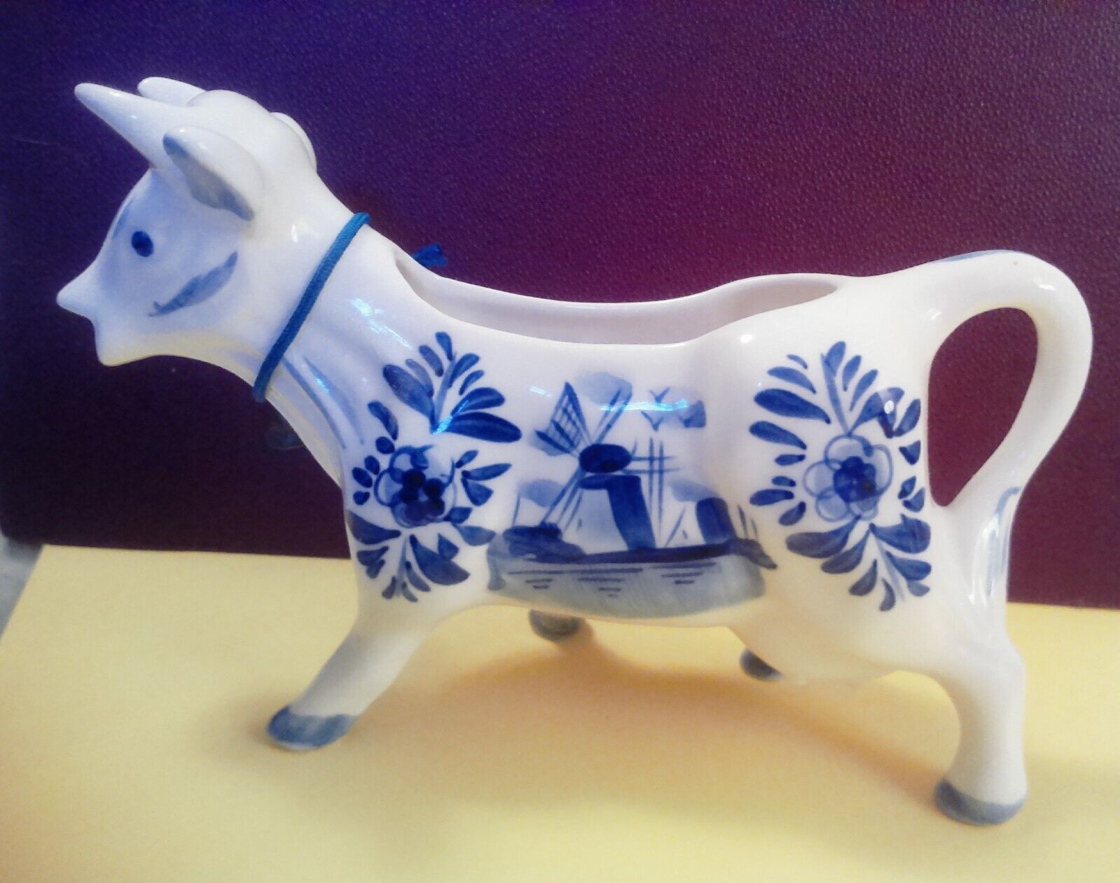 Adorable Handcrafted Delft Blue Cow Milk Pitcher with bell around the neck