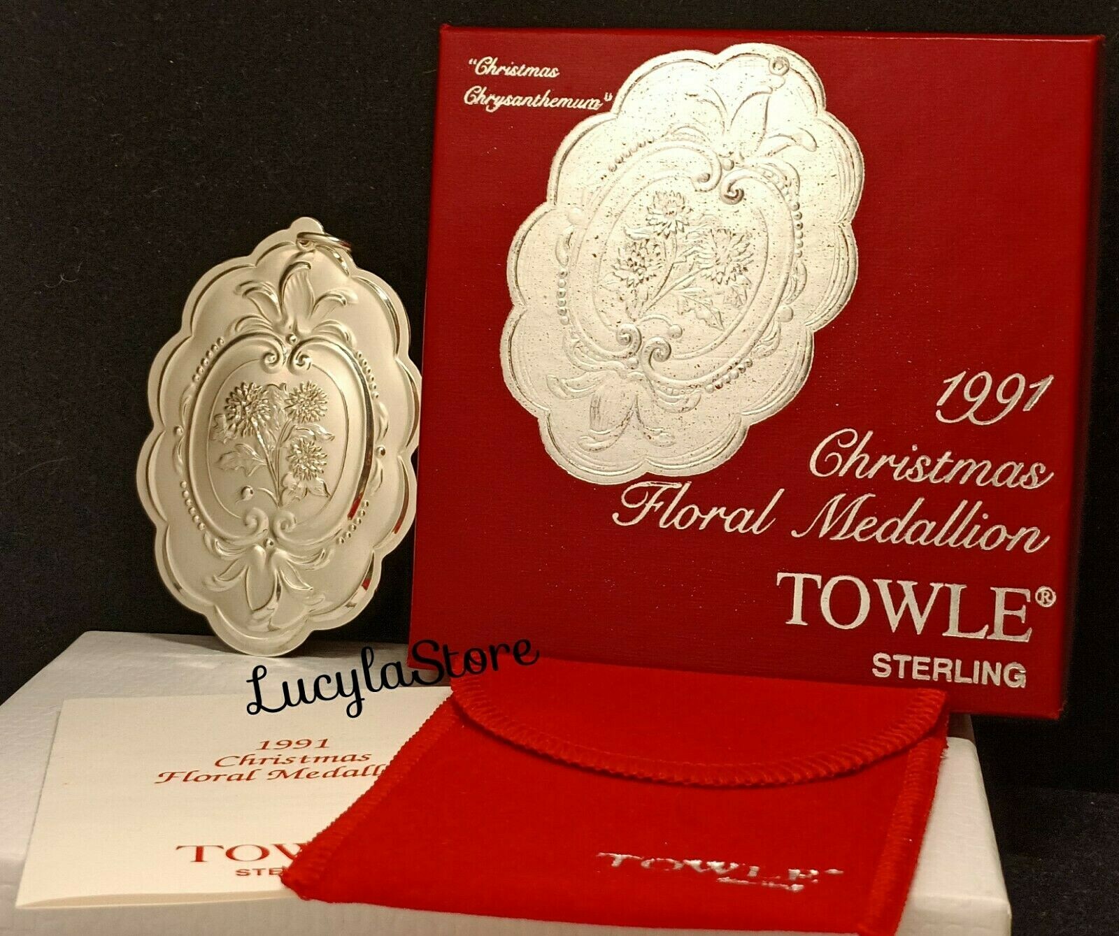 Vintage 1991 Towle STERLING Christmas Floral Medallion Ornament Pendant Boxed 