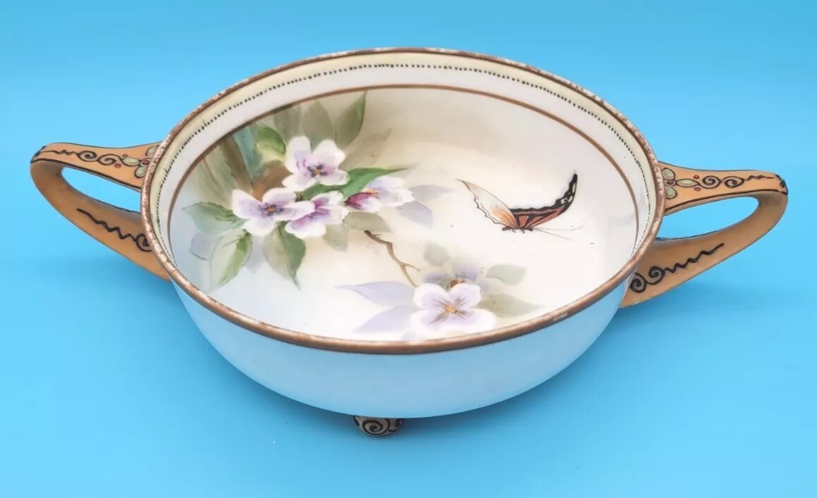 Nippon Hand Painted Butterfly Flower Gold Trim Handled Bowl Open Dish Morimura Nippon Hand Painted Butterfly Flower Gold Trim Handled Bowl Open Dish Morimura