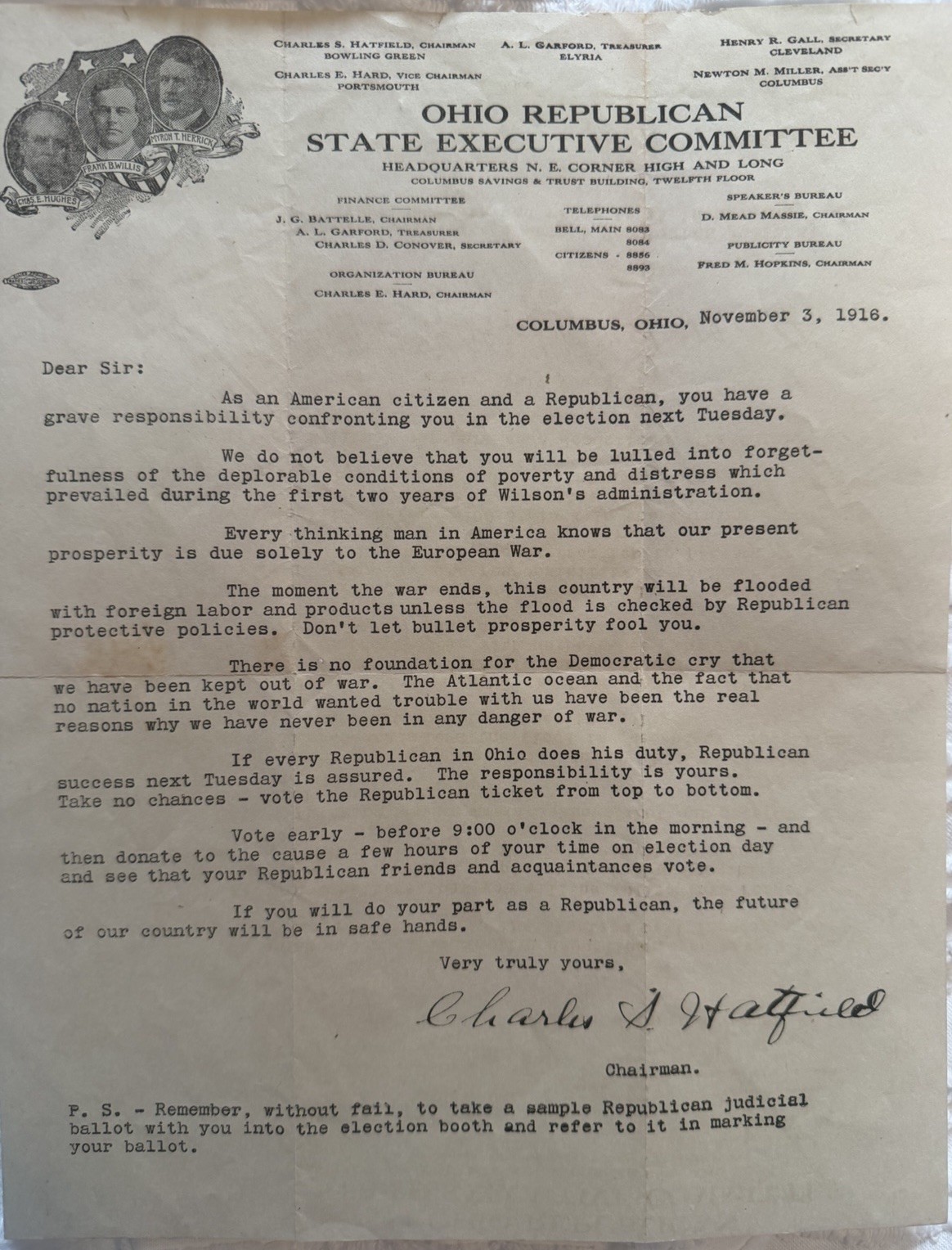 Charles Evans Hughes Coattail Flyer Hughes Willis Herrick 1916 Pres. Campaign Charles Evans Hughes Coattail Flyer Hughes Willis Herrick 1916 Pres. Campaign