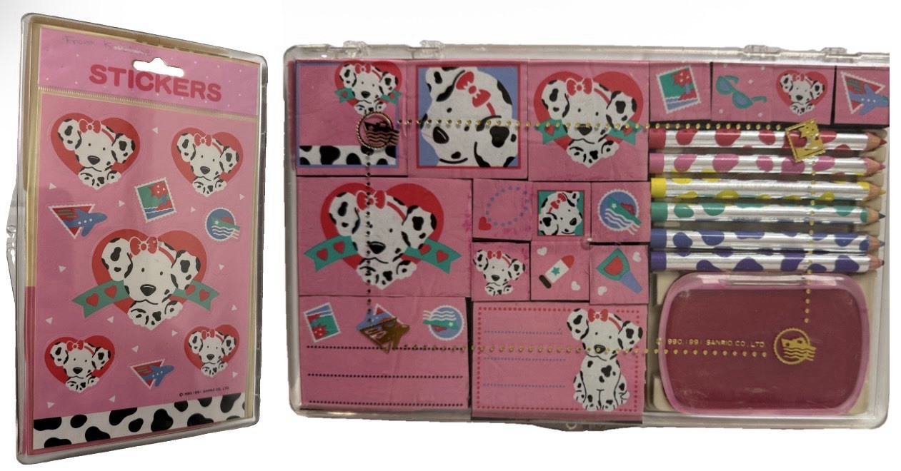 Vintage 1991 Sanrio Spottie Dottie Rubber Stamp Set Stickers Pencil Preowned