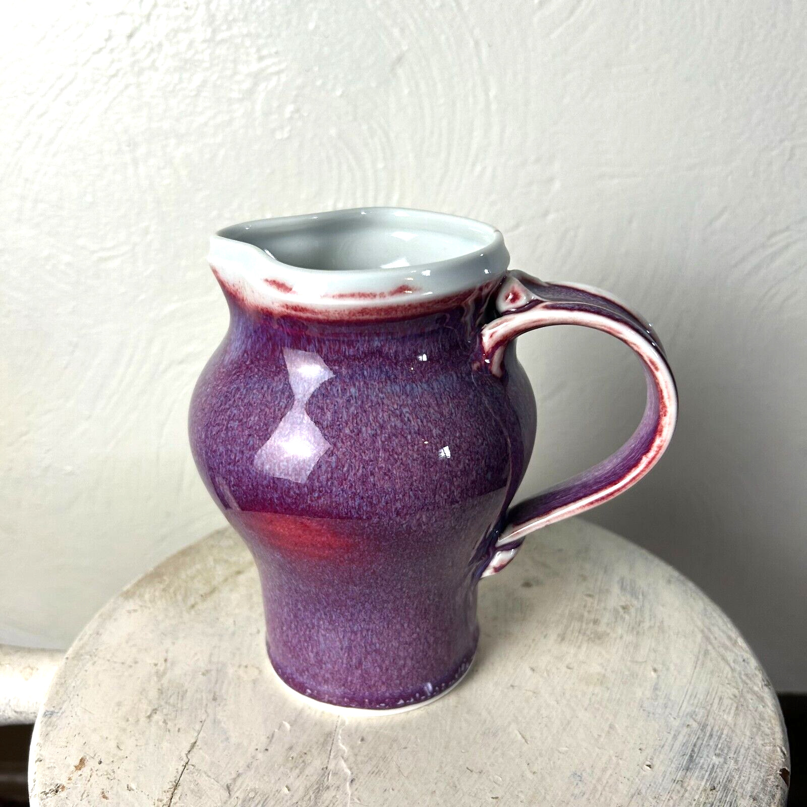 Vintage 1982 Pitcher Hand Painted Ceramic Jug Purple Glazed Glossy Hand Crafted