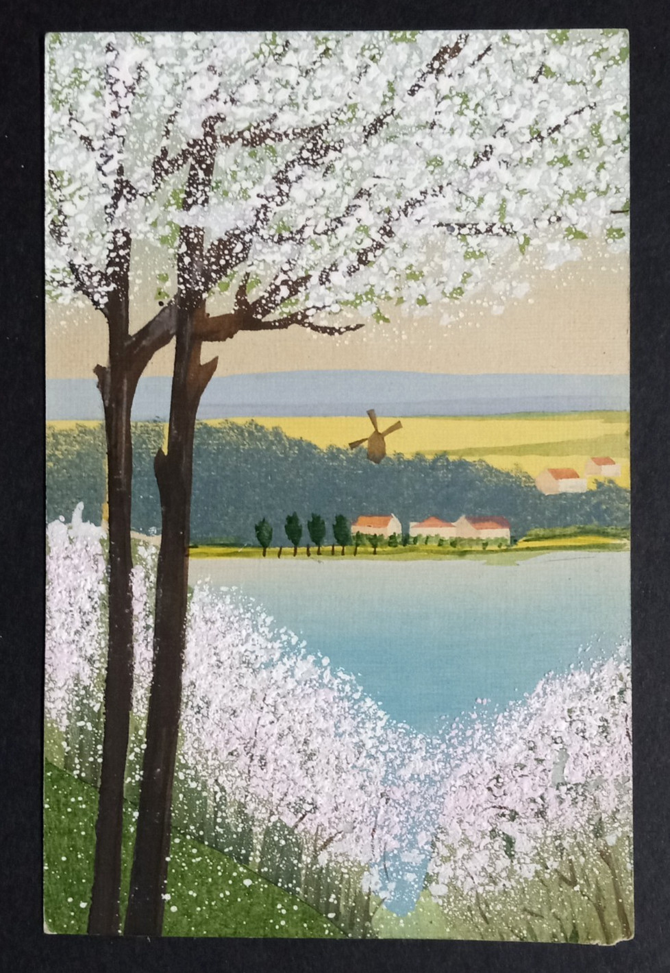 Hand Painted Scenic View Windmill Postcard c1910s Trees Blossoms Mountains UNP Hand Painted Scenic View Windmill Postcard c1910s Trees Blossoms Mountains UNP