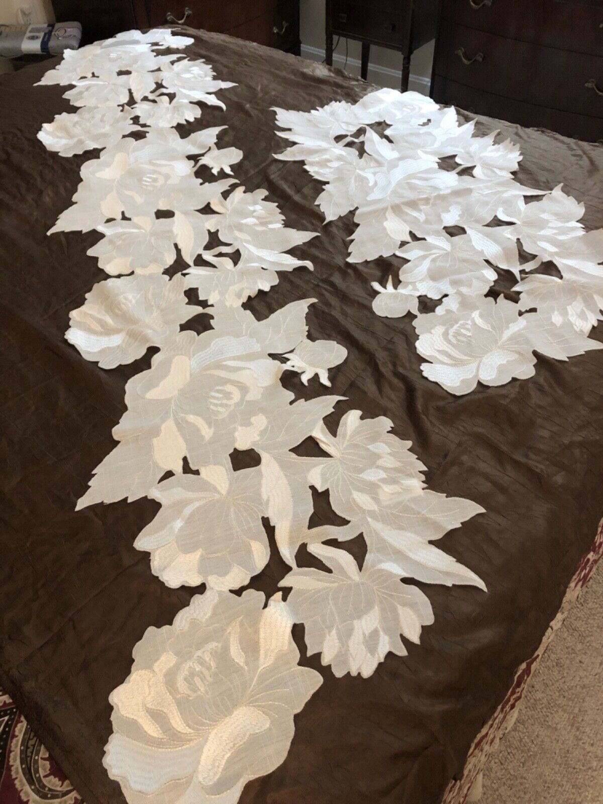2 Piece Set White Dresser Scarves/Table Runners, Open Work, Floral Design