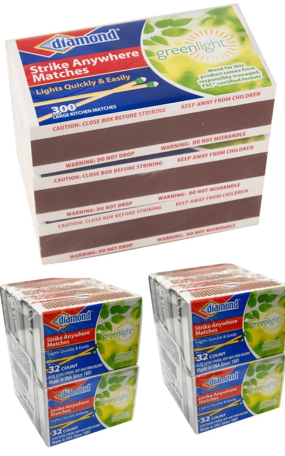(5 Boxes) (300ct & 32ct Per Box) Greenlight Diamond Strike Anywhere Matches New (5 Boxes) (300ct & 32ct Per Box) Greenlight Diamond Strike Anywhere Matches New