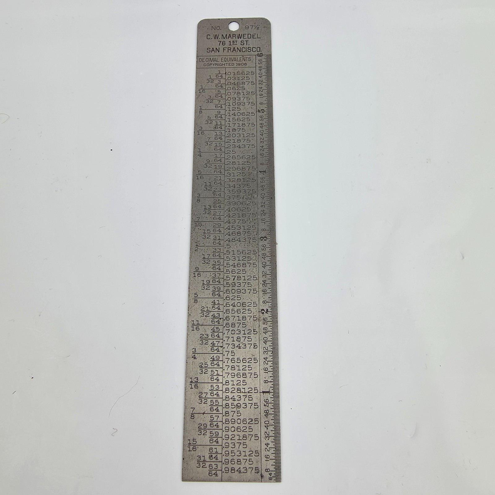Vintage Lufkin No. 97 1/2 Machinist Rule C.W. Marwedel San Francisco 6 Inch