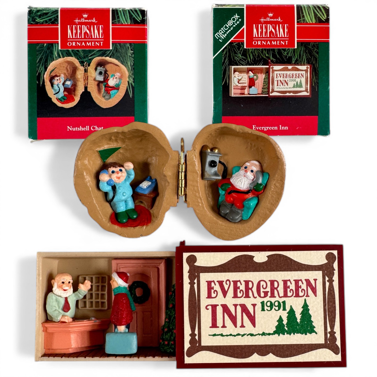 Hallmark Keepsake Ornaments 1990 Nutshell Chat & 1991 Evergreen Inn Set of 2 Vtg Hallmark Keepsake Ornaments 1990 Nutshell Chat & 1991 Evergreen Inn Set of 2 Vtg