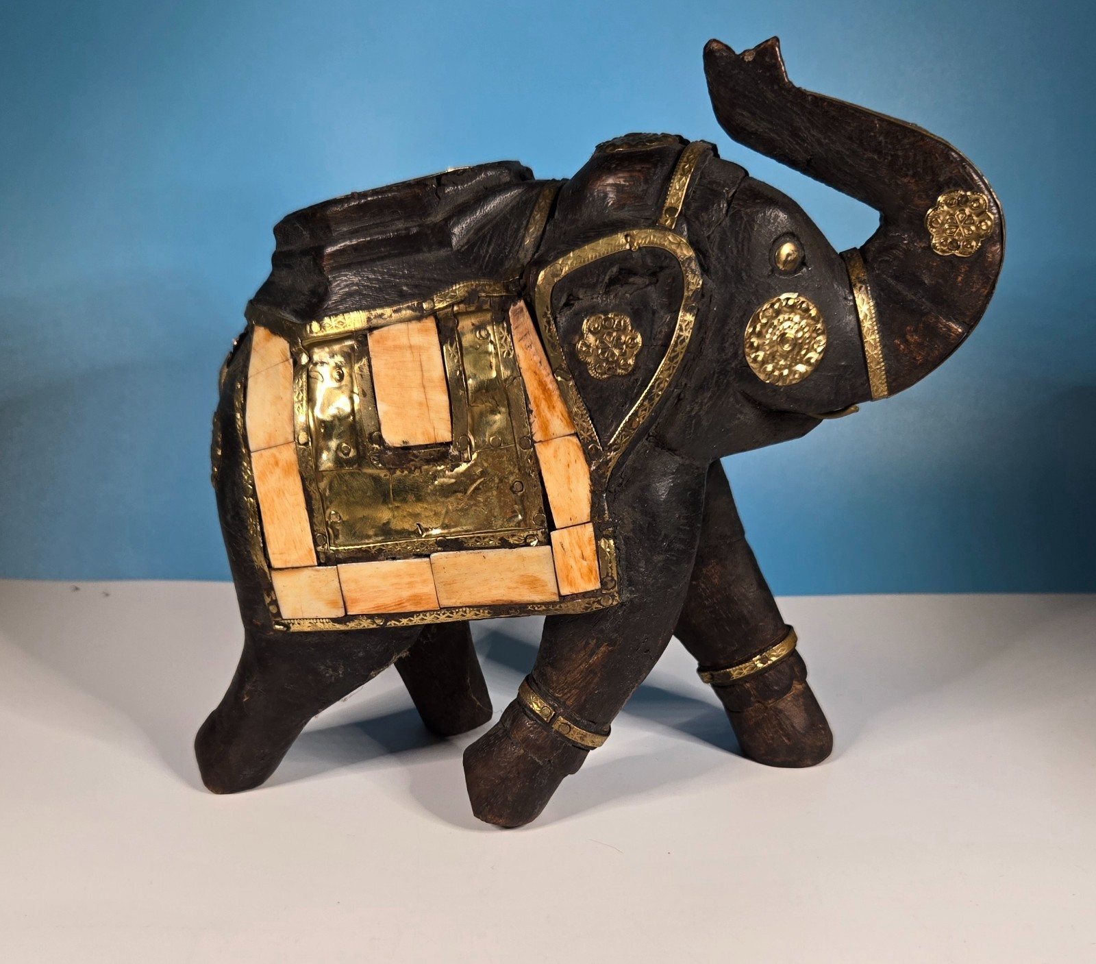 VTG India Elephant Carved Wood w/Stone Inlay and Brass Accents VTG India Elephant Carved Wood w/Stone Inlay and Brass Accents