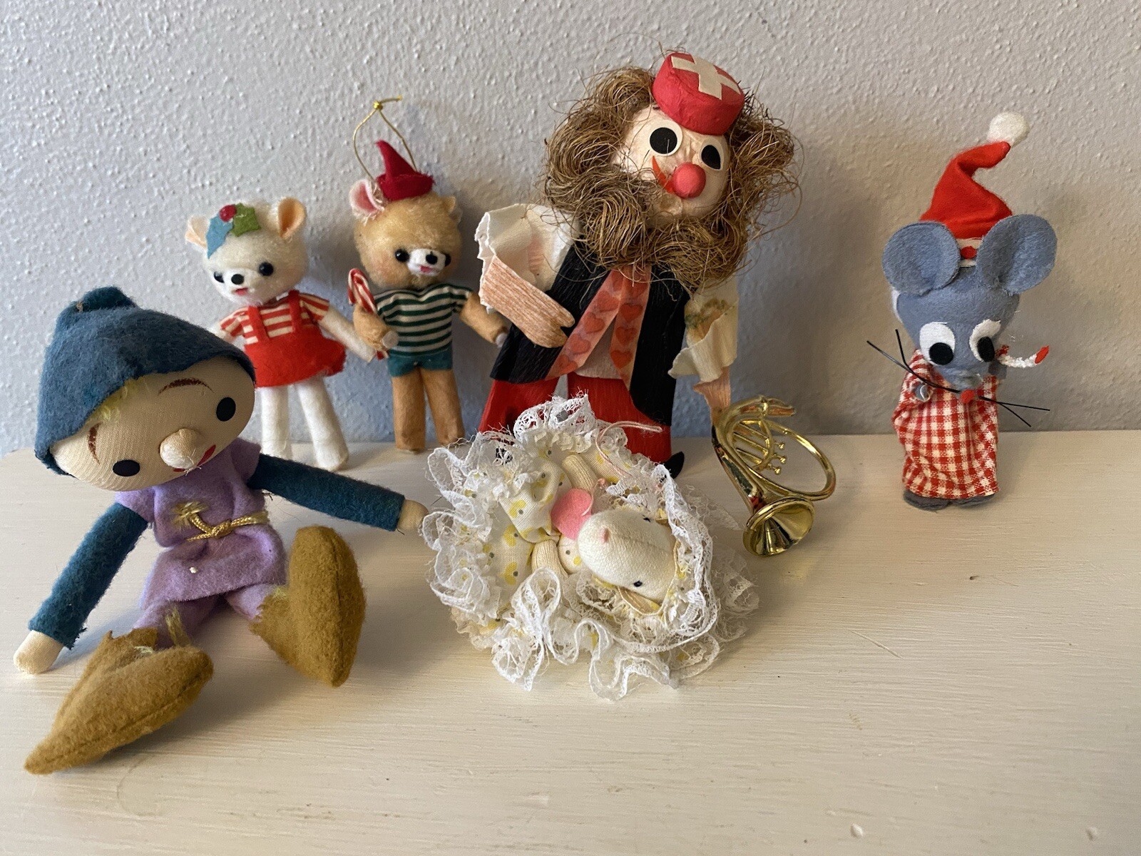 6 VTG Cloth Fabric Christmas Ornaments Elf, Bear, Mouse, Felix Daetwyler, Russ 6 VTG Cloth Fabric Christmas Ornaments Elf, Bear, Mouse, Felix Daetwyler, Russ