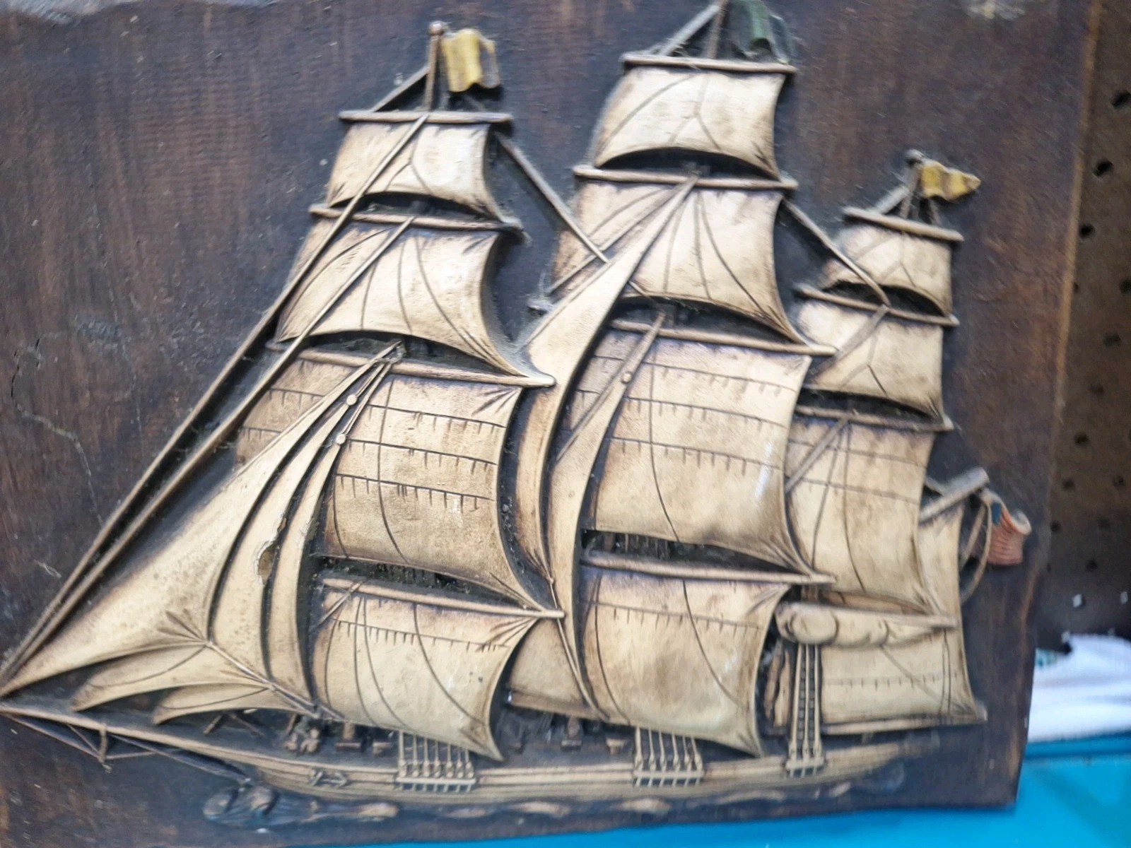 Vtg Mid Century Modern Wood Sailing Pirate Ship Boat 3-Demension Vtg Mid Century Modern Wood Sailing Pirate Ship Boat 3-Demension