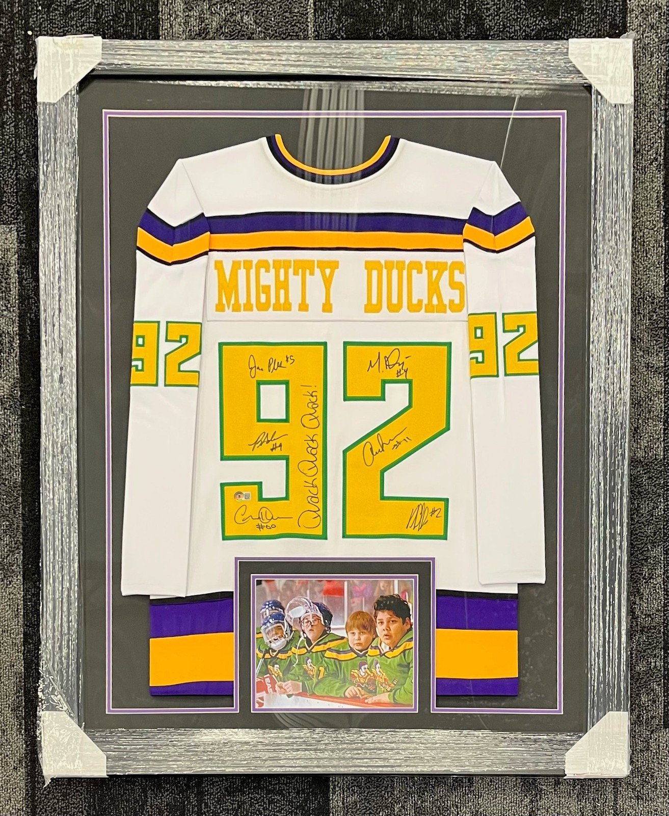 The Mighty Ducks Cast Signed & Professionally Framed Custom White Jersey The Mighty Ducks Cast Signed & Professionally Framed Custom White Jersey