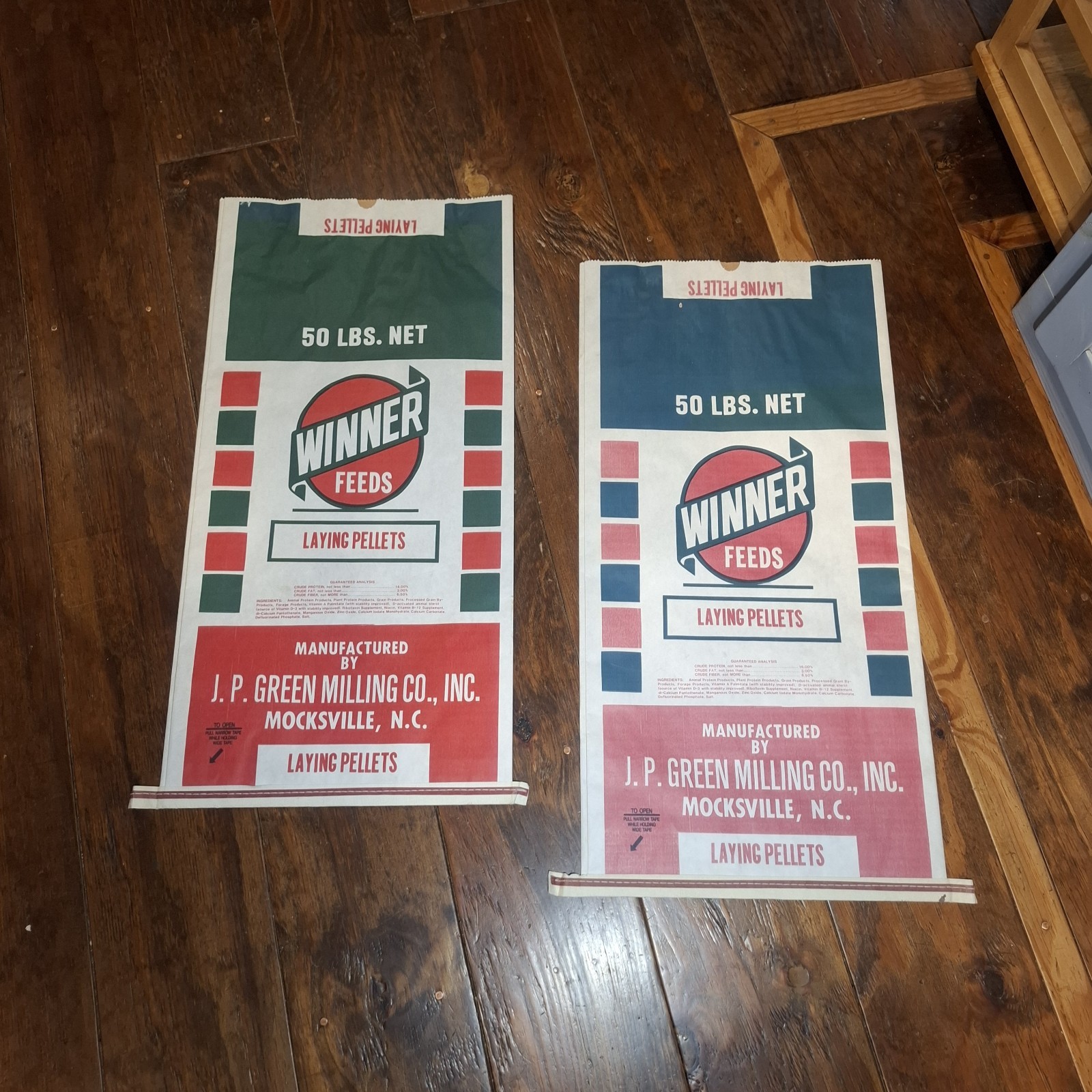 2 Vintage J.P. Green Winner Feeds 50lb Paper Feed Bag Sacks Mocksville NC Sign