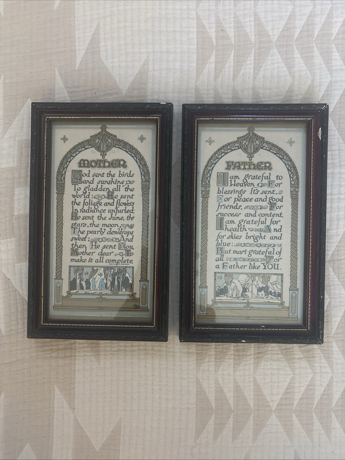 Vtg 1920s Art Deco Mother Father Framed Motto Prints Set Original Ucagco Label