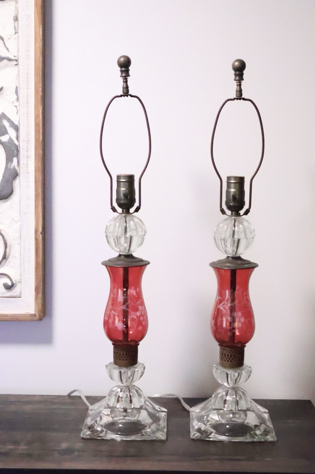 Pair Vintage Cranberry Ruby Red Glass & Crystal Table Lamps - FULLY REWIRED NEW
