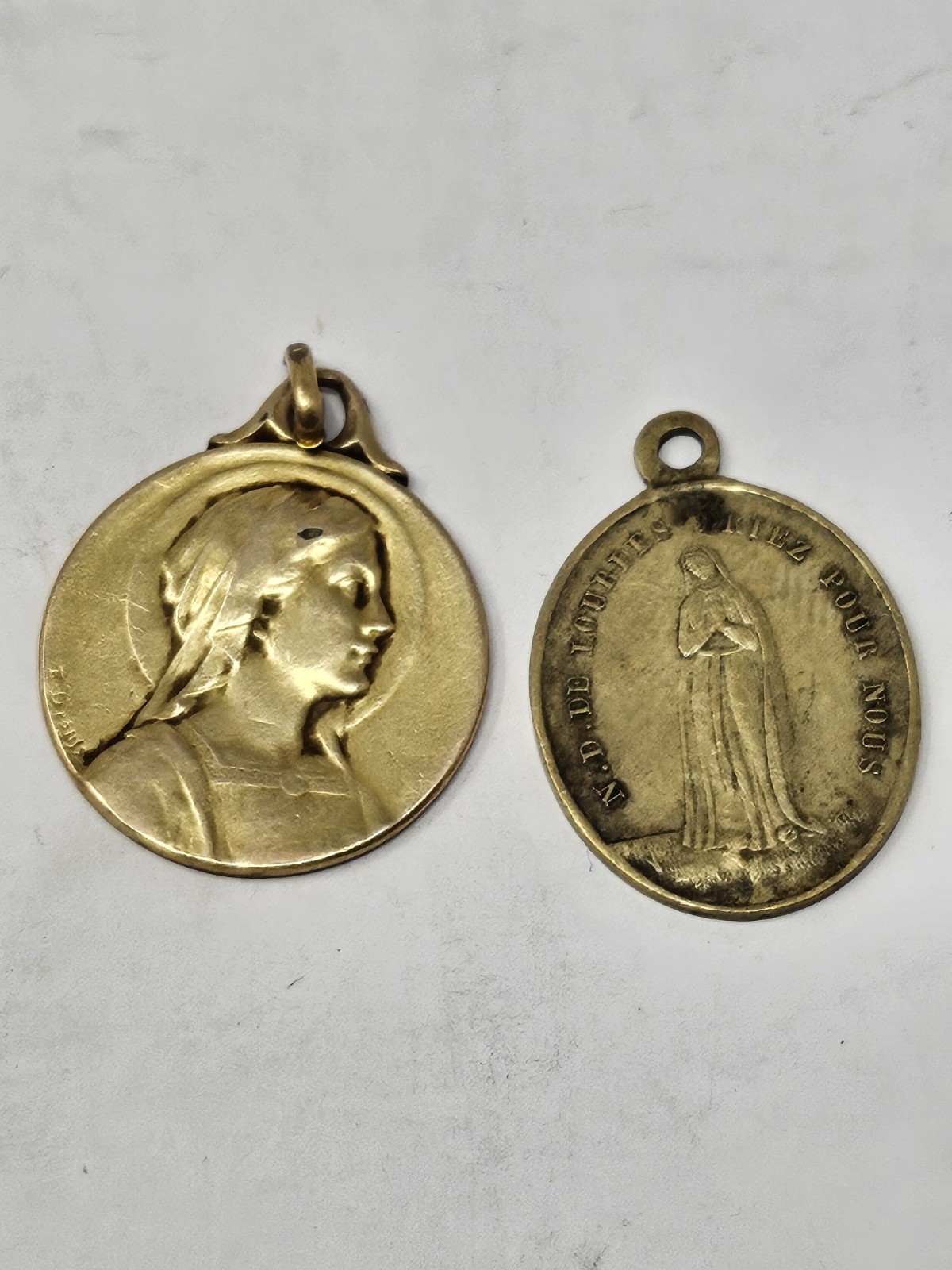 Antique French Religious Medal Lot Vernon Virgin Mary Profile & Lourdes Grotto Antique French Religious Medal Lot Vernon Virgin Mary Profile & Lourdes Grotto