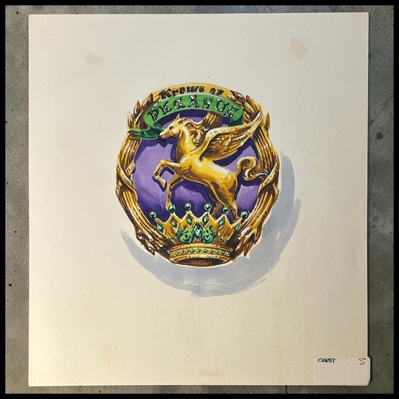 Vintage 1970s Krewe of Pegasus Mardi Gras Tableau Crest Concept Art Spangenberg Vintage 1970s Krewe of Pegasus Mardi Gras Tableau Crest Concept Art Spangenberg