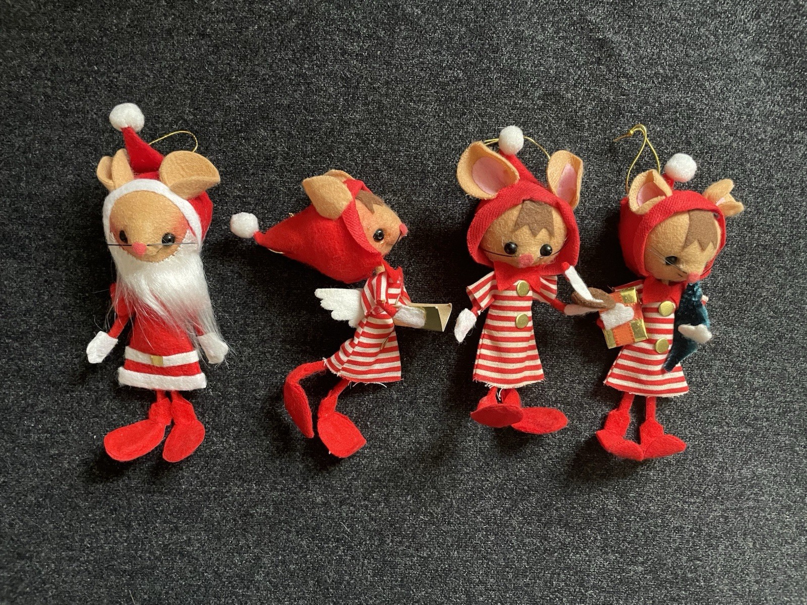 4 Vtg 1960s Elf Santa Flocked Felt Christmas Mouse Ornaments 4 Vtg 1960s Elf Santa Flocked Felt Christmas Mouse Ornaments
