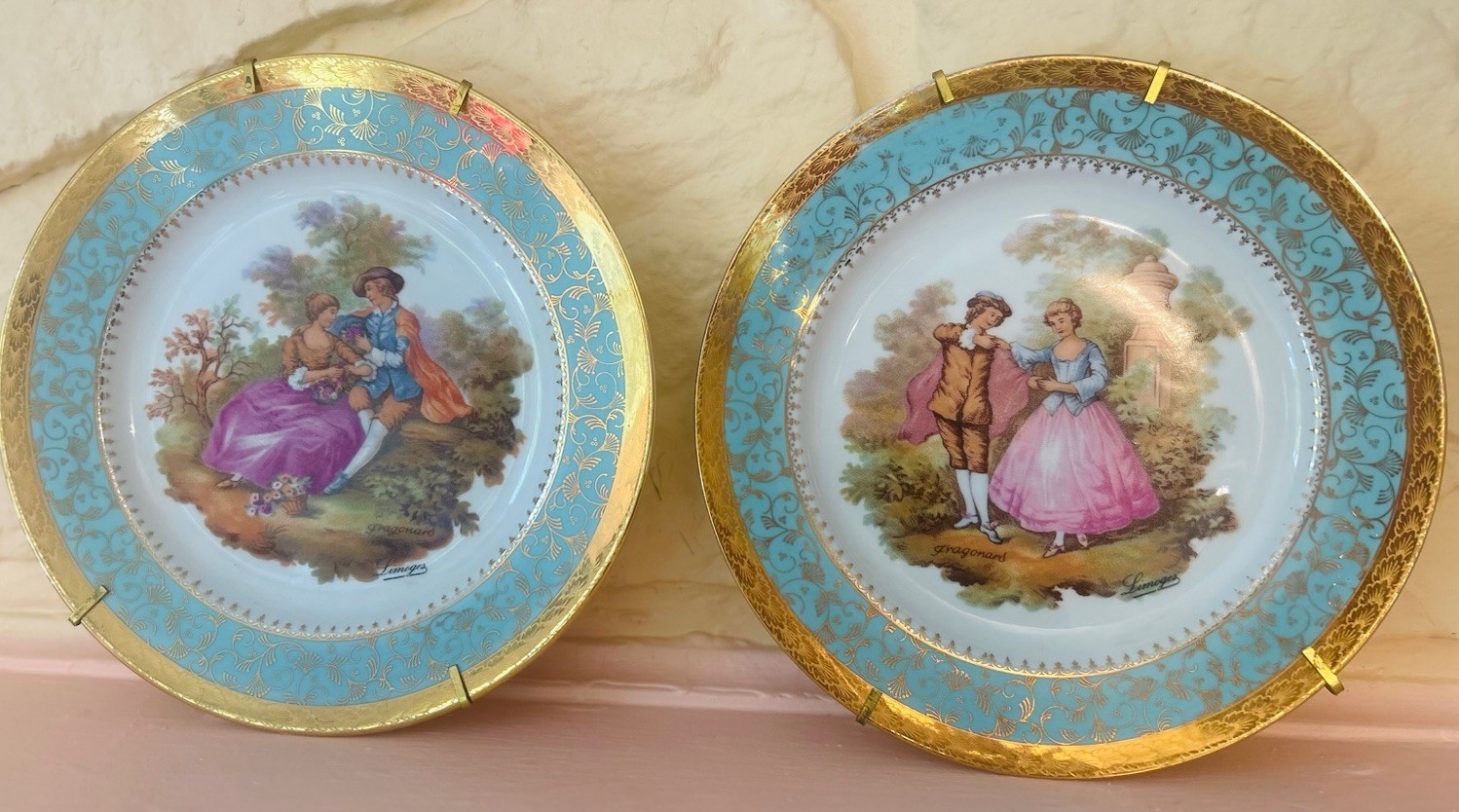 Set Of TWO Vintage Hanging L. Bernardaud & Co LIMOGES Fragonard Gilt 9.5” Plates Set Of TWO Vintage Hanging L. Bernardaud & Co LIMOGES Fragonard Gilt 9.5” Plates