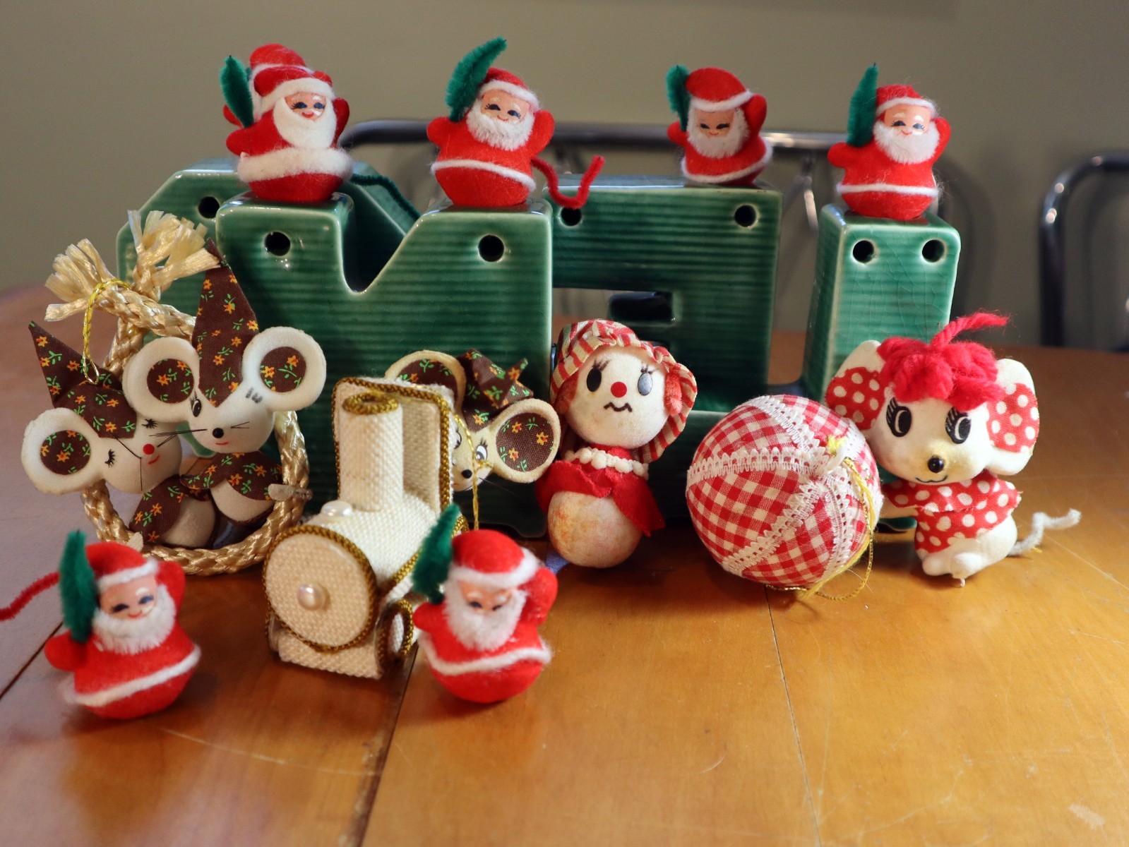 Vintage Japan Christmas Kitsch Ornament 14pc / Flocked Mouse Chenille Santa Elf