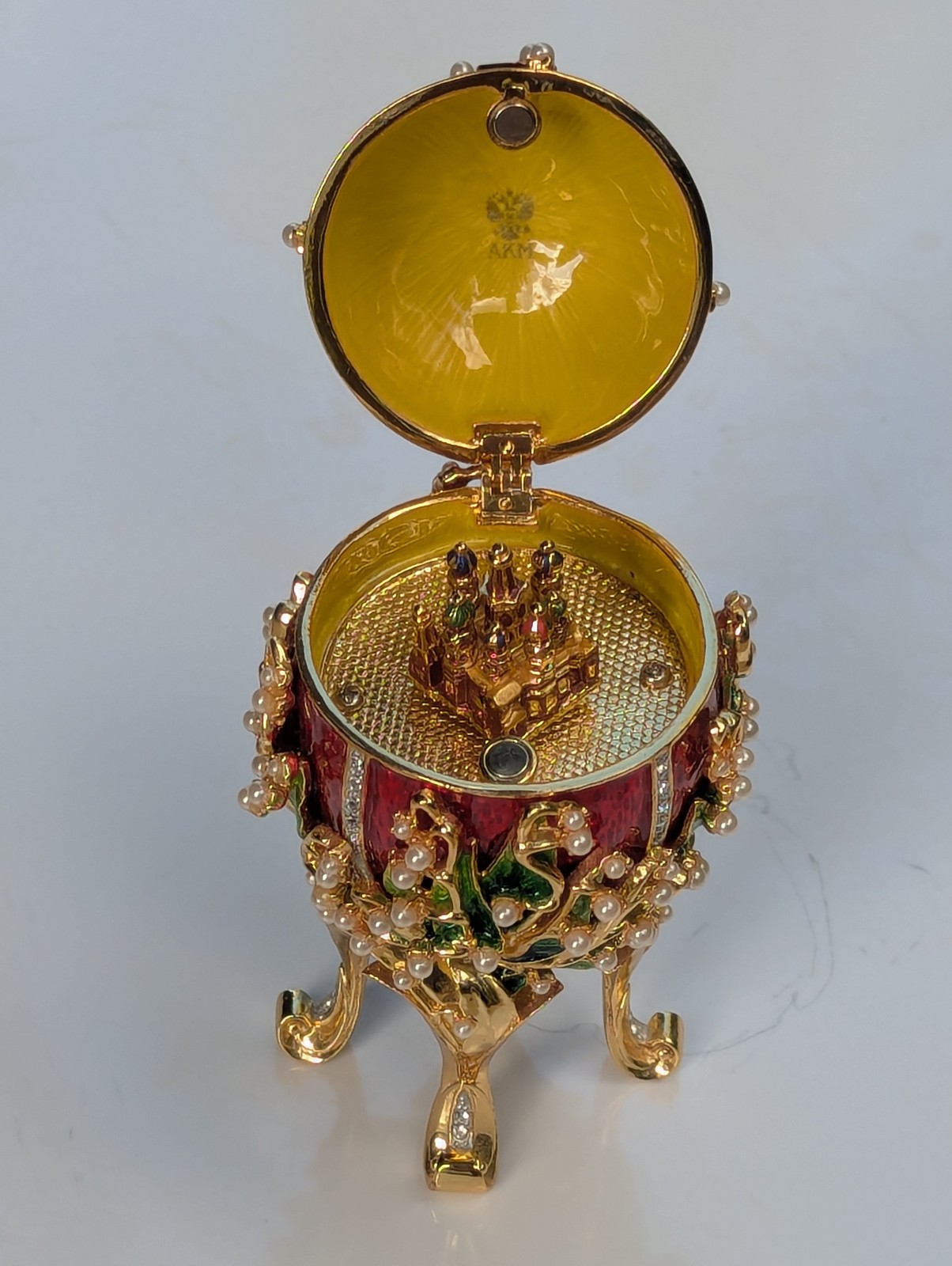 Faberge Egg Trinket Music Box, Footed Pedestal Red Crimson w/ Rhinestones Faberge Egg Trinket Music Box, Footed Pedestal Red Crimson w/ Rhinestones