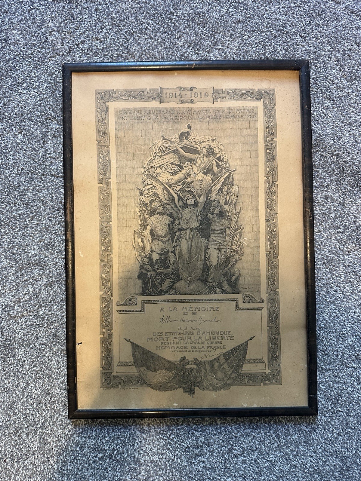 WWI French Memorial Certificate to US Navy Sailor William Harmon Franklin
