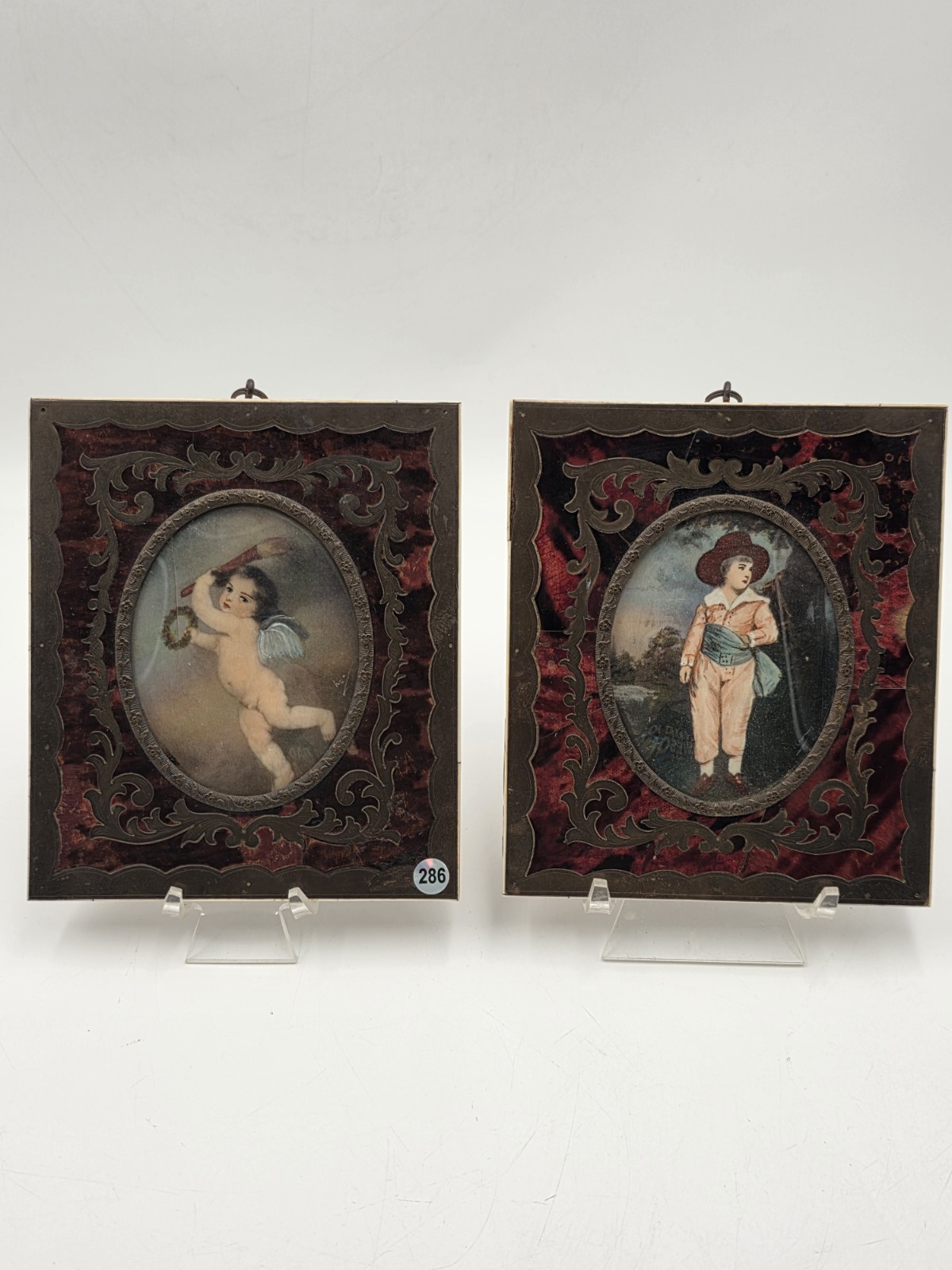 Antique Continental Hand-Painted Portrait Miniatures in Rococo Revival Frame Antique Continental Hand-Painted Portrait Miniatures in Rococo Revival Frame