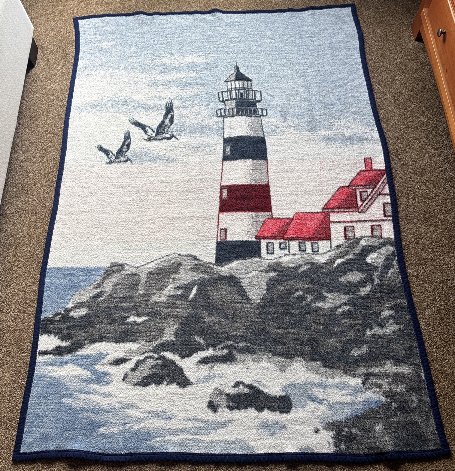 Vintage Biederlack Lighthouse Throw Blanket Reversible Nautical 77”x53” Vintage Biederlack Lighthouse Throw Blanket Reversible Nautical 77”x53”