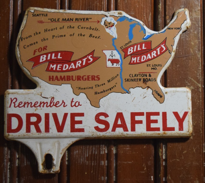 BILL MEDART\'S HAMBURGERS STAMPED PAINTED METAL TOPPER SIGN FRIES VINTAGE 1950s BILL MEDART\'S HAMBURGERS STAMPED PAINTED METAL TOPPER SIGN FRIES VINTAGE 1950s