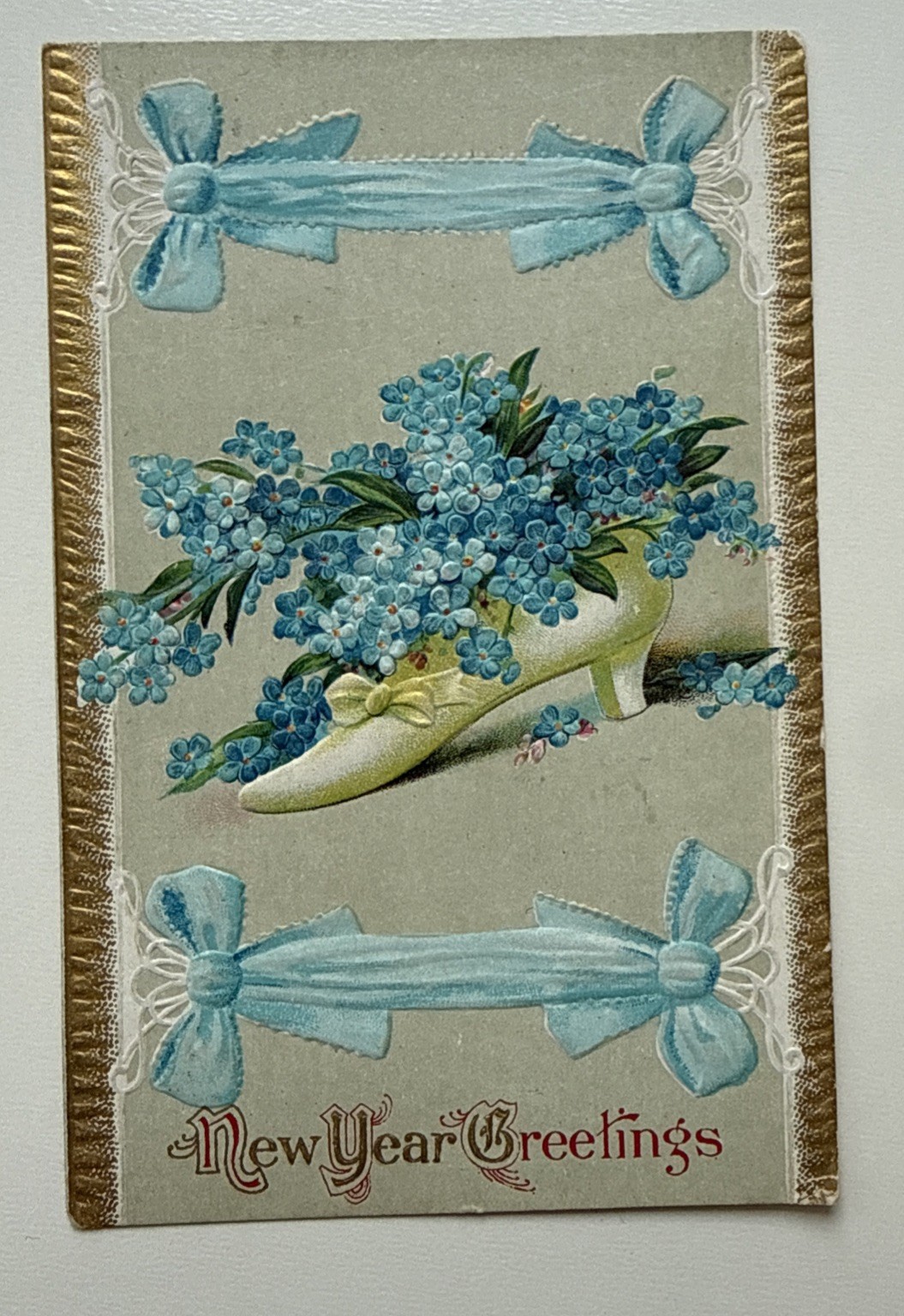 New Year Greetings Postcard Forget-Me-Nots Shoe Ribbons Embossed Antique 1910 New Year Greetings Postcard Forget-Me-Nots Shoe Ribbons Embossed Antique 1910