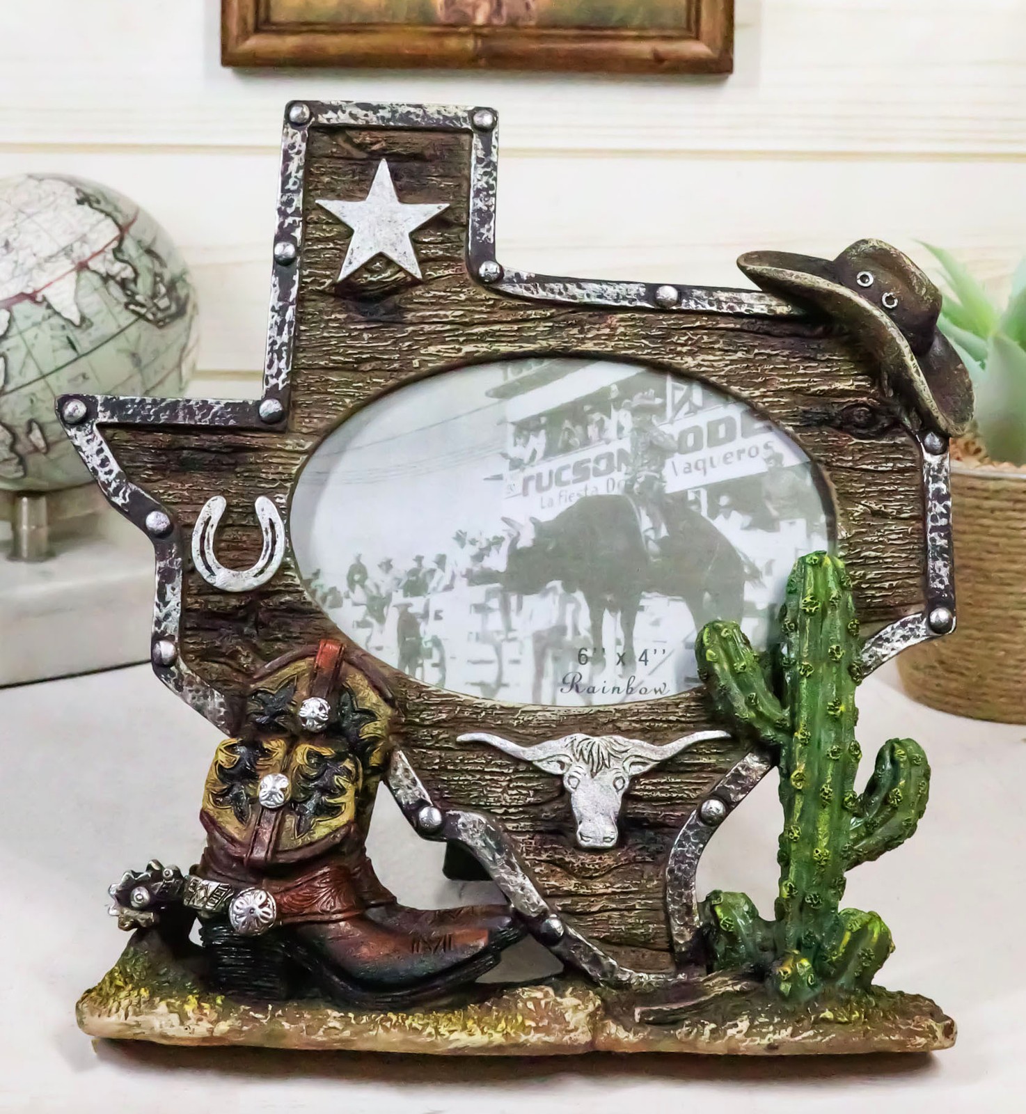 Rustic Western Texas State Map Cowboy Boot Longhorn Cactus Picture Frame 4\
