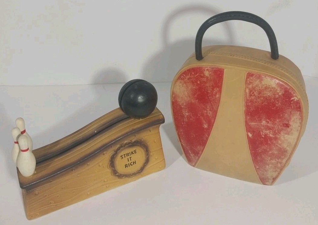 Vintage 1960s Mafco Bowling Bank Set Ceramic Strike It Rich & Bowling Bag Japan