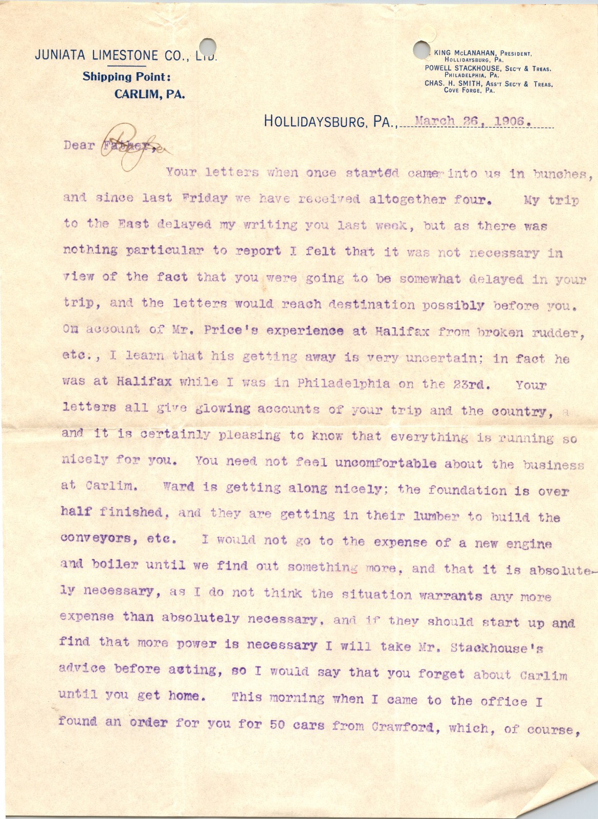 Juniata Limestone Co Hollidaysburg PA 1908 Letter 3 pages Carlim Naginey Mining Juniata Limestone Co Hollidaysburg PA 1908 Letter 3 pages Carlim Naginey Mining