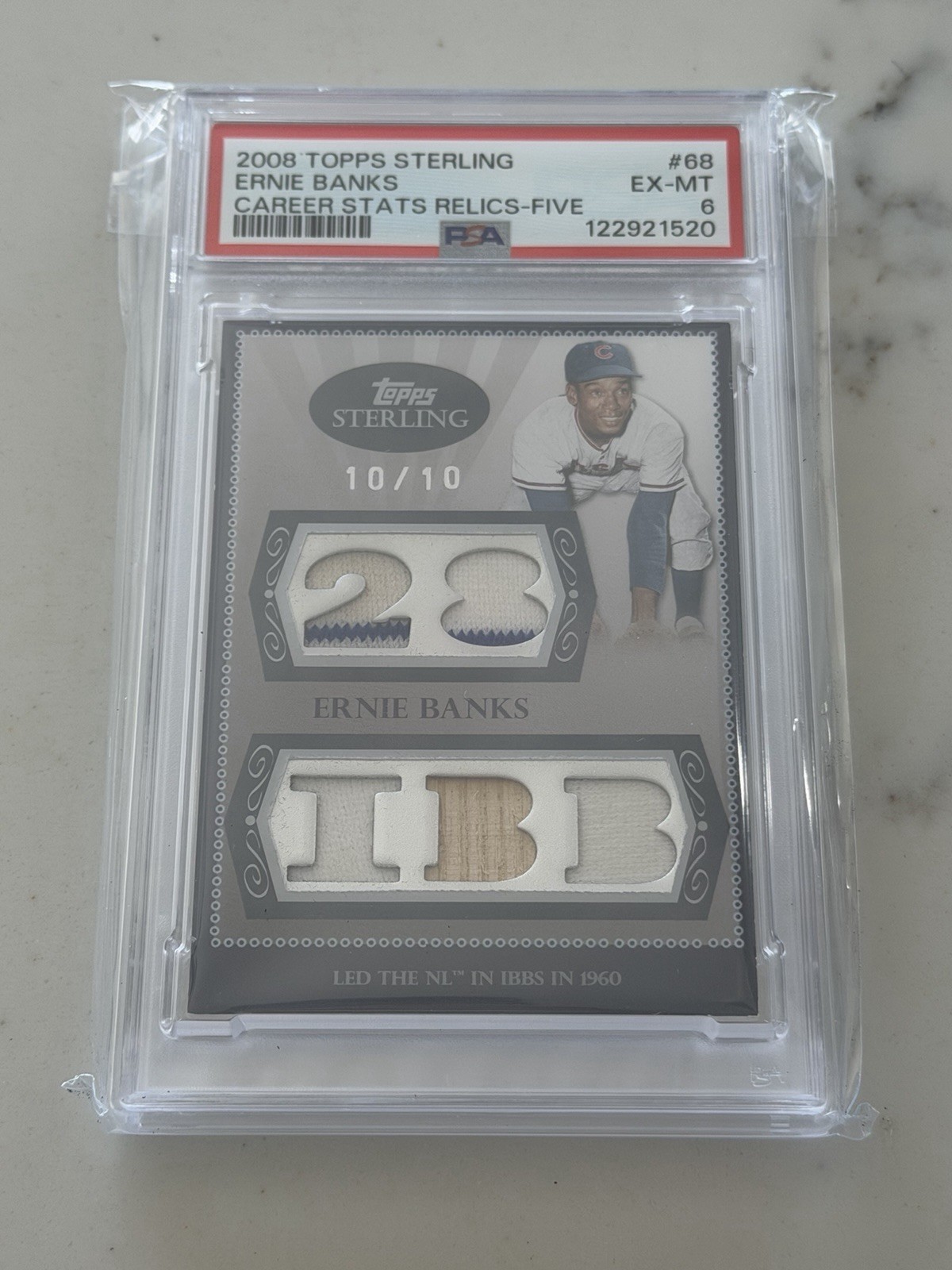 Ernie Banks 10/10 2008 Topps Sterling Career Stats Relics-Five #66 PSA 6 Cubs Ernie Banks 10/10 2008 Topps Sterling Career Stats Relics-Five #66 PSA 6 Cubs