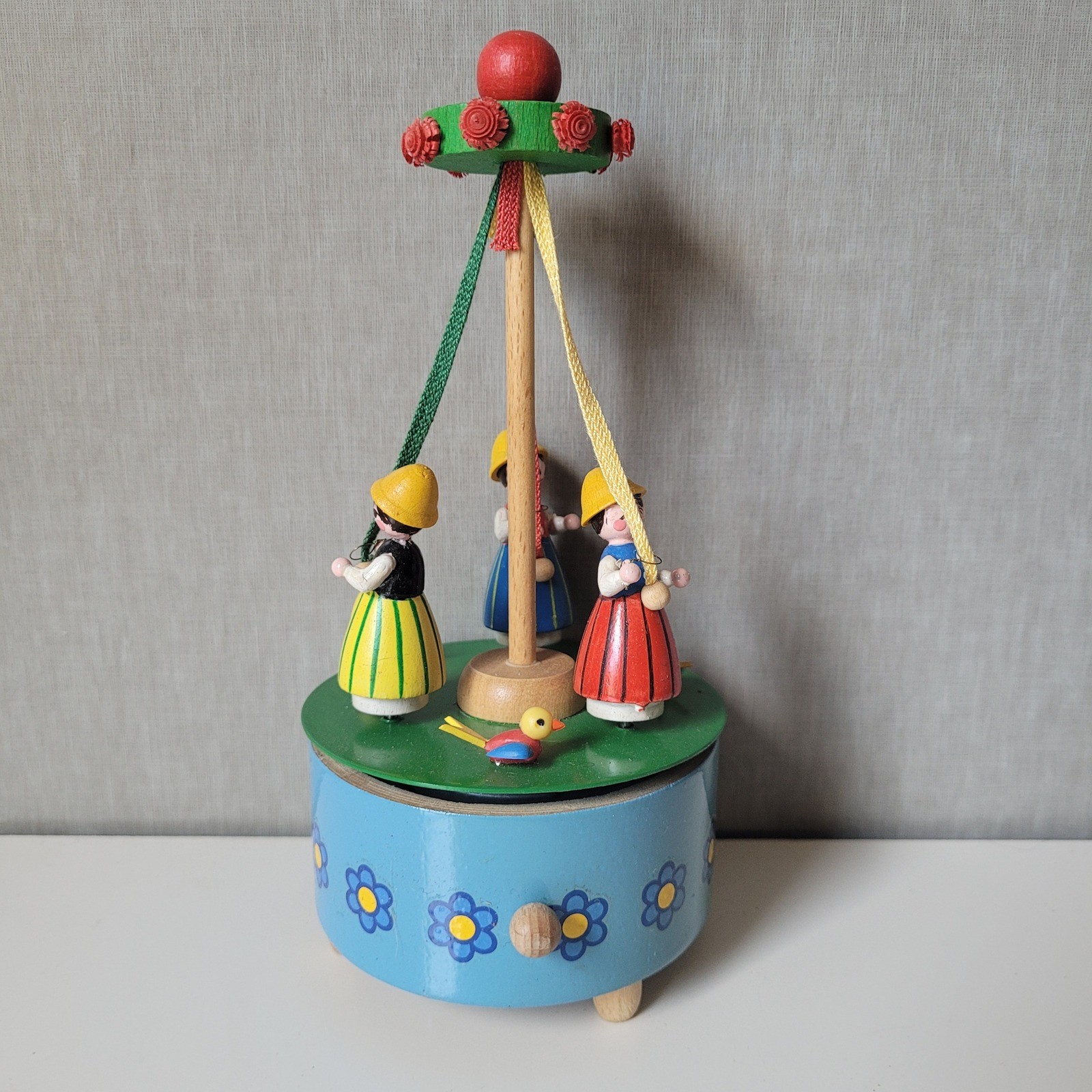 Vintage Wooden Maypole Music Box Liechtensteiner Polka Blue Folk Art Carousel Vintage Wooden Maypole Music Box Liechtensteiner Polka Blue Folk Art Carousel