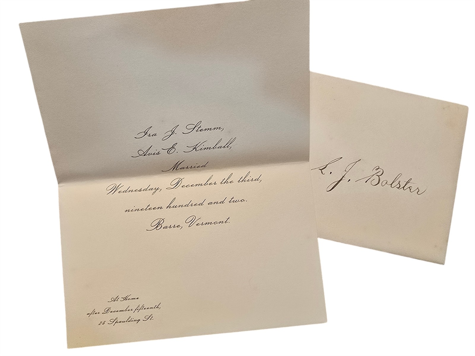 1902 antique WEDDING INVITE barre vt IRA J STEMM to AVIS E KIMBALL 1902 antique WEDDING INVITE barre vt IRA J STEMM to AVIS E KIMBALL