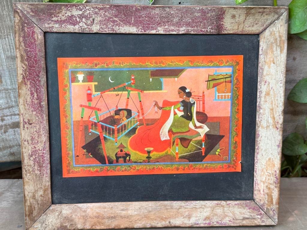 Vintage Indian Folk Art Painting Framed Print Rustic Wall Decor Collectible Vintage Indian Folk Art Painting Framed Print Rustic Wall Decor Collectible