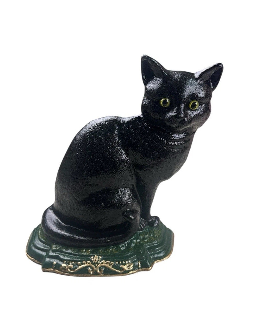 Vintage Cast Iron Door Stop Large Sitting Cat with Glass Eyes New