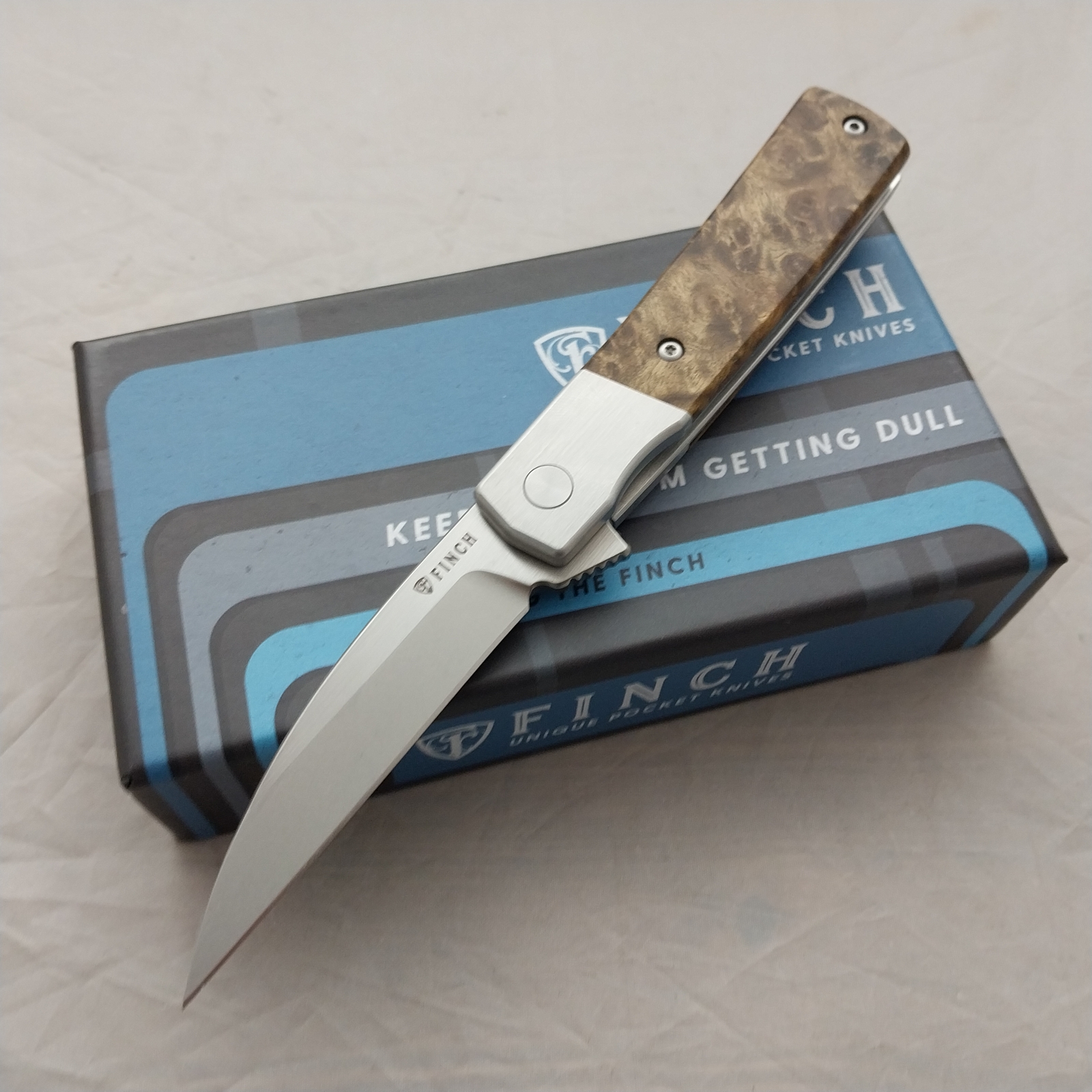 Finch Widowmaker Bolster Lock Burlwood Folding 154CM Pocket Knife WM204 Finch Widowmaker Bolster Lock Burlwood Folding 154CM Pocket Knife WM204